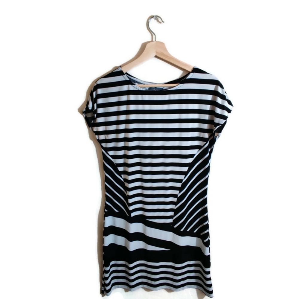 FOR ME Black & White Multi-Striped Short Sleeve Round Neck Bodycon Dress M